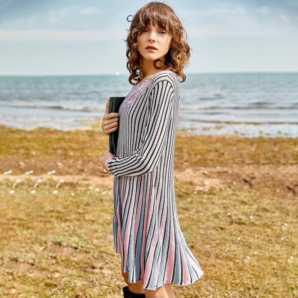 Striped Dress with Knitted Neckline